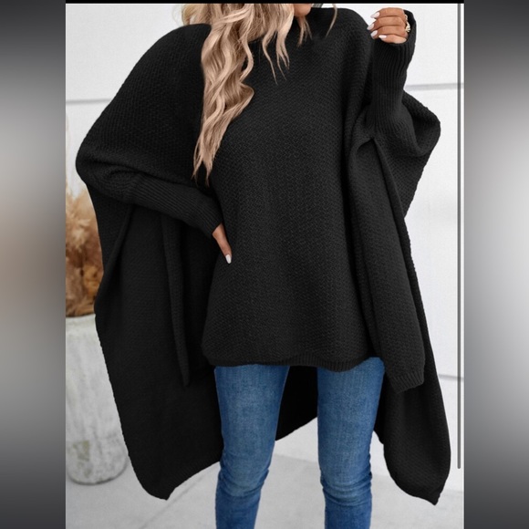 Cozy Mock Neck Dolman Sleeve High Low Hem knit Sweater Cape - Picture 6 of 16